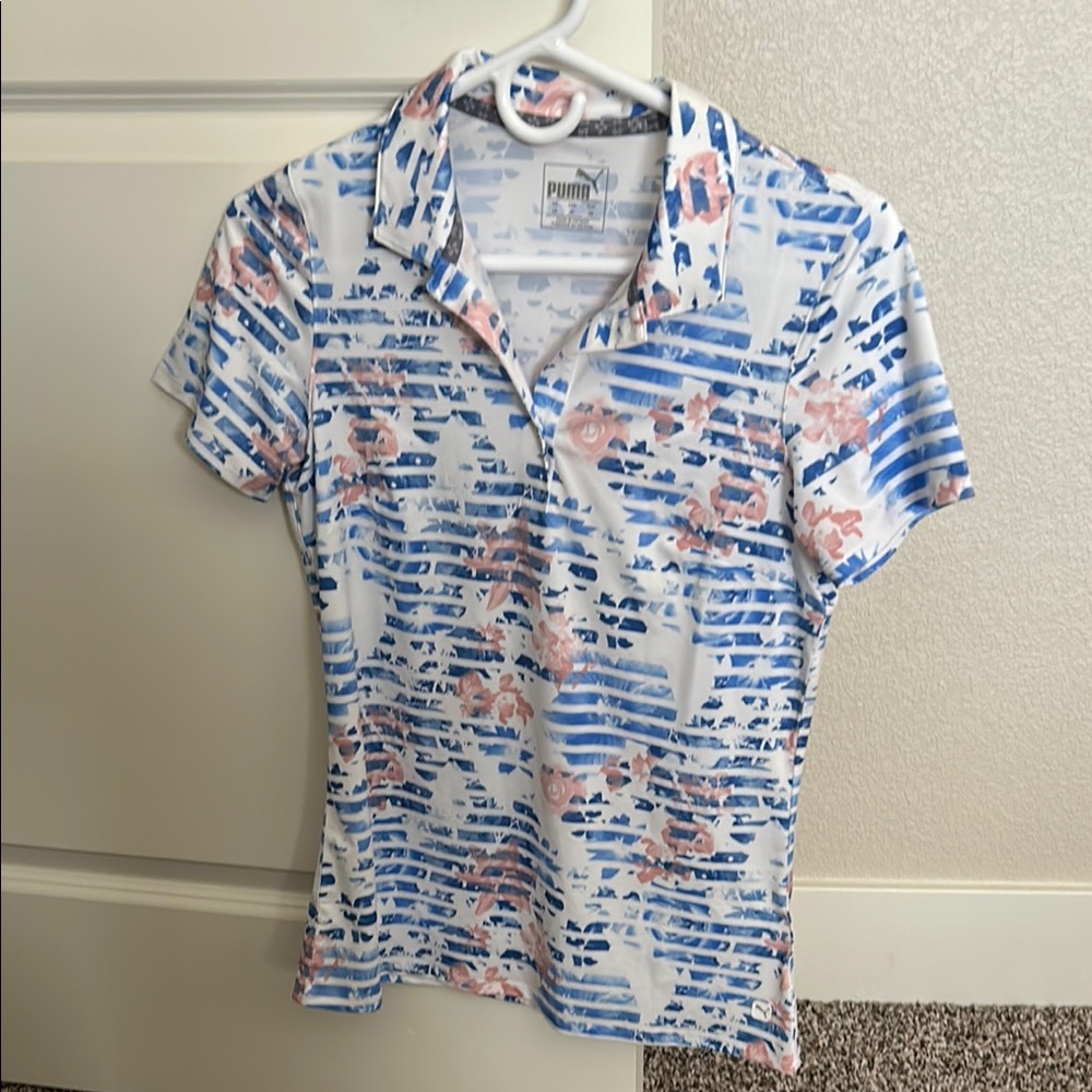 Puma Blue and Pink Fitted Short Sleeve Tennis or Golf shirt